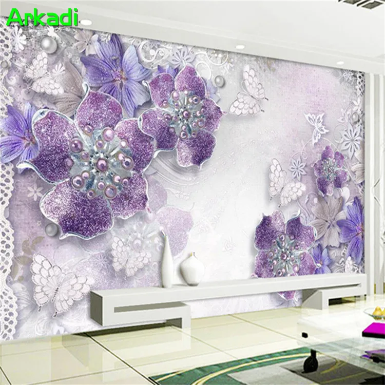 Simple noble gorgeous purple European 3d flower wallpaper living room TV background living room bedroom mural butterfly pearl 8d