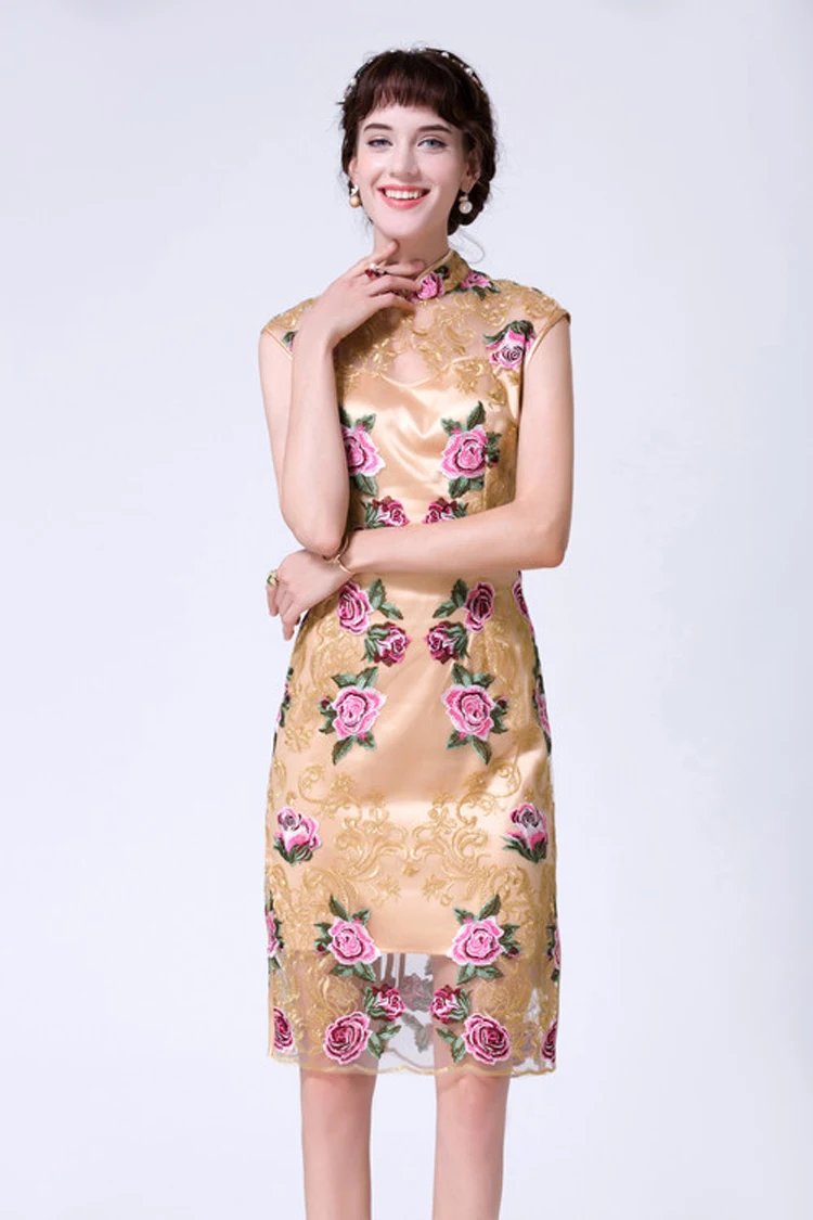 

MIUXIMAO 2020 Summer Newest Vintage Stand Neck Sleeve Mesh Flower Rose Embroidery Knee-Length Dress Women