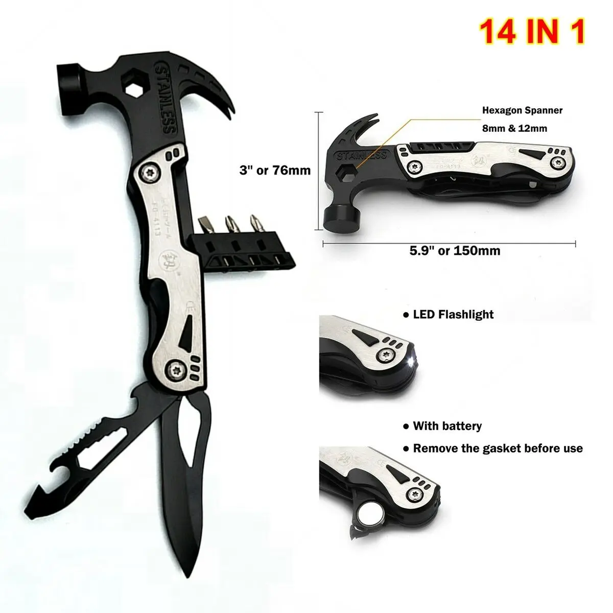 

14 In 1 Multifunction Camping Hammer Knife Tool Scraper Bottle Opener LED Light