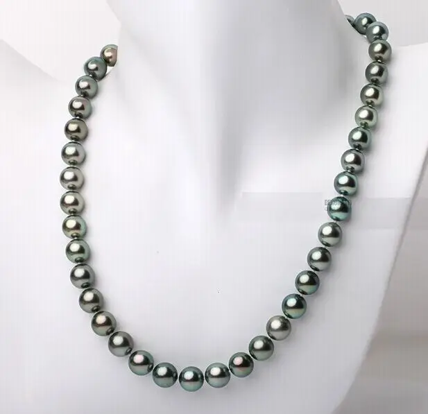 8~9mm Tahitian genuine black peacock green round pearl necklace AA+