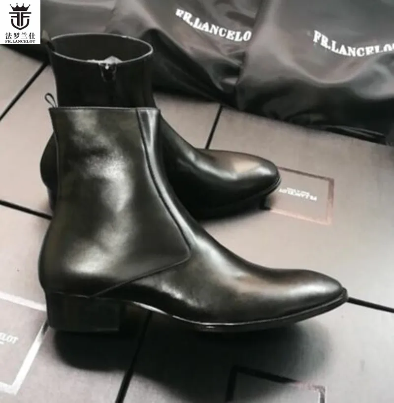 2019 FR.LANCELOT Genuine Leather Black Men Fashion Chelsea Boots Low Heel Factory Photo Side Zipper Top Ankle Boots Shoes Men