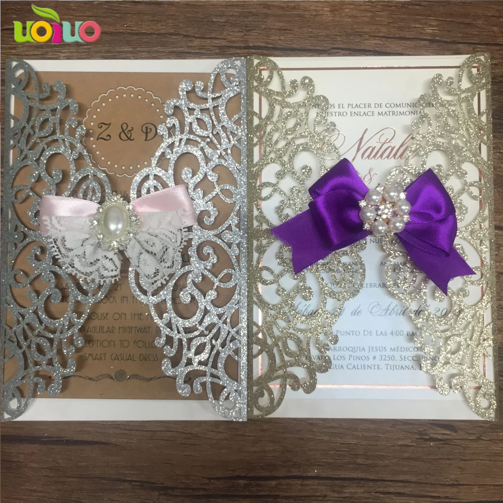 DIY 25set customize inc263 laser cut wedding invitation card glitter gold, lanvender bow,flower brooch,print card,envelope seal