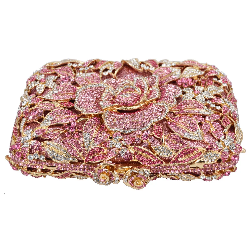 KHNMEET Pink Flower Party Clutch Evening Bags rhinestone Pink Luxury Wedding Crystal Bags Shoulder Bags SC780