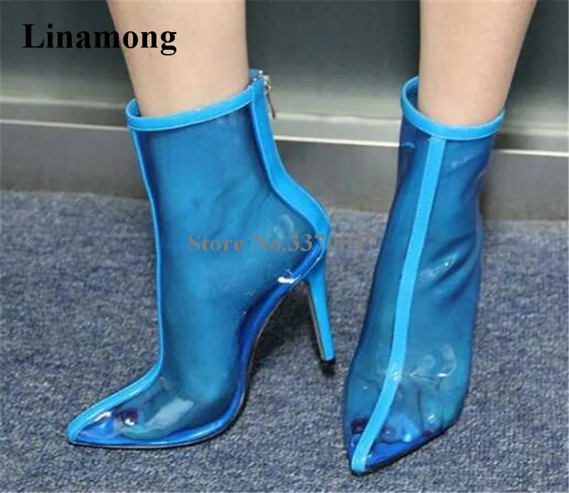 2018 New Fashion Women Sexy Pointed Toe Transparent PVC Thin Heel Short Boots Back Zipper-up Blue Perspective Ankle Booties