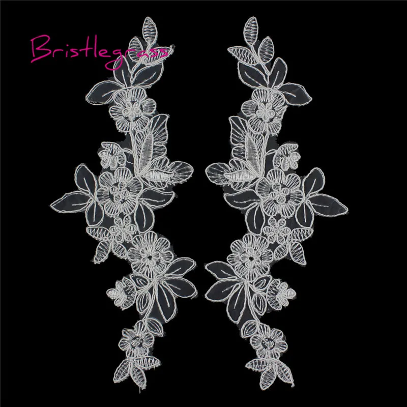 BRISTLEGRASS 1 Pair Off White Embroidered Flower Leaf Applique Patches Tulle Mesh Lace Trims Bridal Wedding Dress Costume Sewing