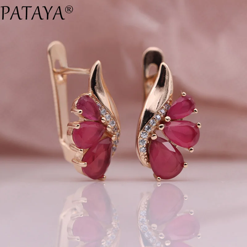 PATAYA New Three Water Drop Gradient Blue Earrings Women Natural Zircon Fine Fashion Jewelry 585 Rose Gold Color Dangle Earrings