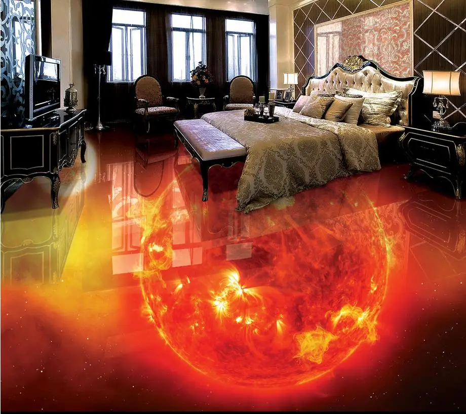 

Custom 3D Painting Floor Wallpaper PVC Adhesive Flame Burning Earth Bathroom Living Room Floor Painting 3D Wallpaper