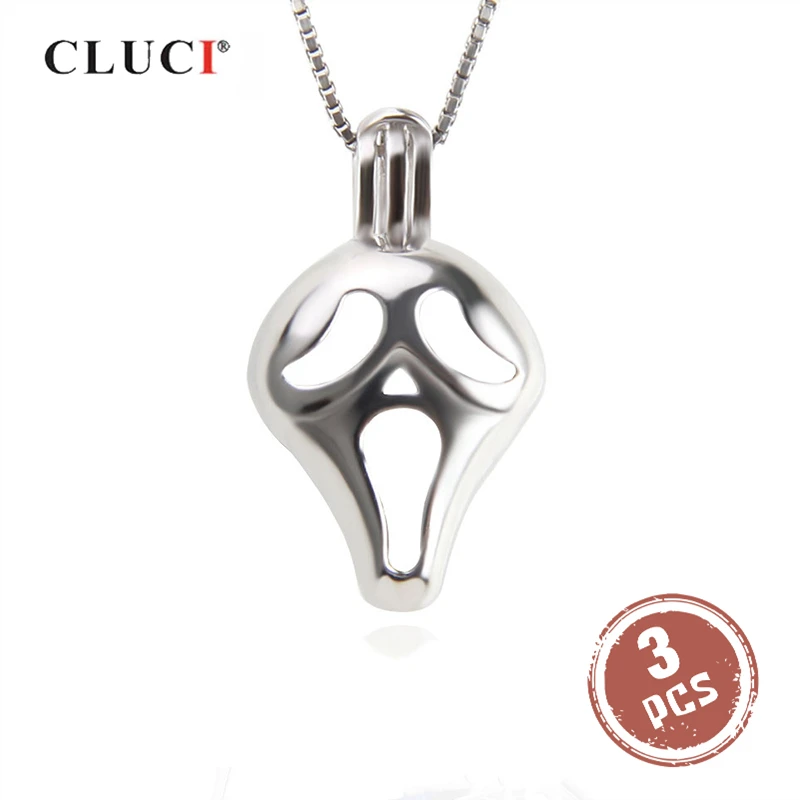 

CLUCI 3pcs 925 Sterling Silver Painful Face Shaped Halloween Pendant Jewelry For Women Real Silver Pearl Cage Locket SC323SB