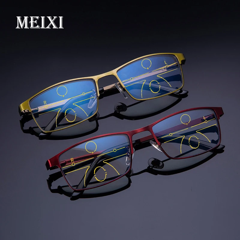 

MEIXI Metal frame multi focus glasses progressive resin lens women men Anti-blue light reading glasses +1.0 1.5 2.0 2.5 3.0 3.5