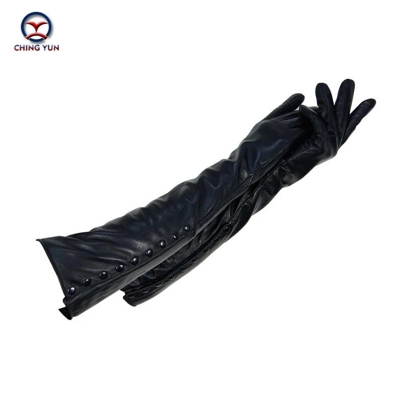 Winter Warm Long Sleeved Gloves Women\'s Arm Sleeves Genuine Leather Sheepskin Cashmere Lady Mittens Many Riveted Buttons Gloves