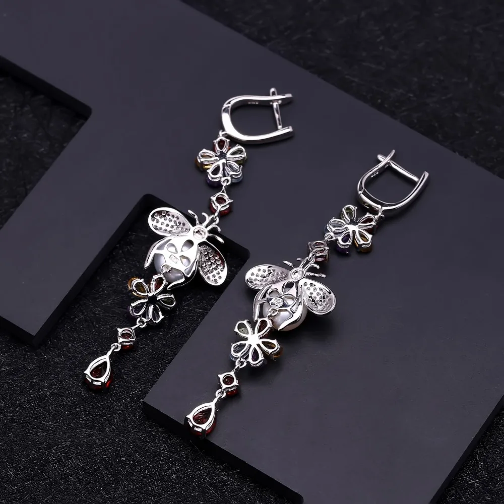 GEM\'S BALLET Natural Flower Multicolor Gemstone Earrings 925 Sterling Silver Freshwater Pearl Vintage Drop Earrings For Women