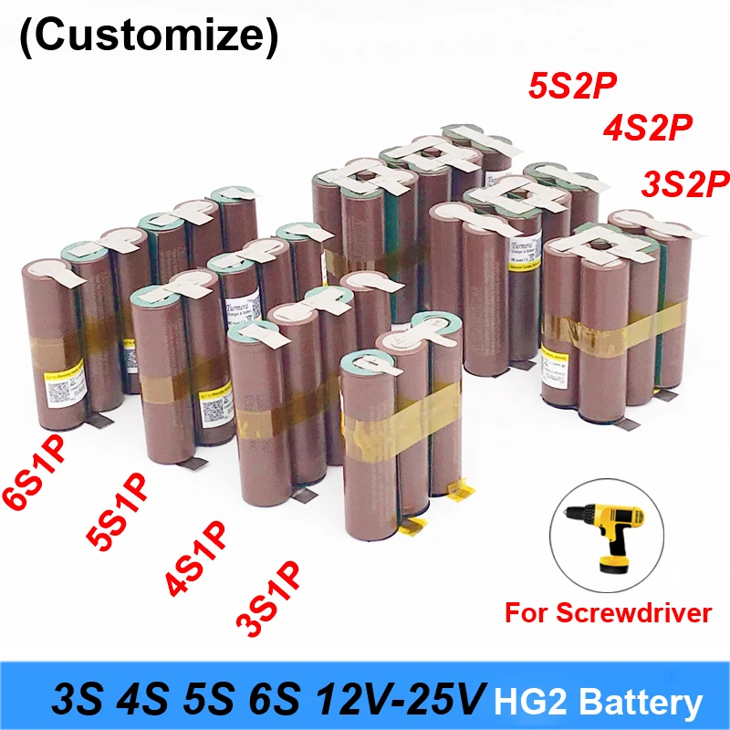 

battery 18650 hg2 3000mAh 20amps 12.6V to 25.2V screwdriver battery weld soldering strip 3S 4S 5S 6S battery pack (customize)