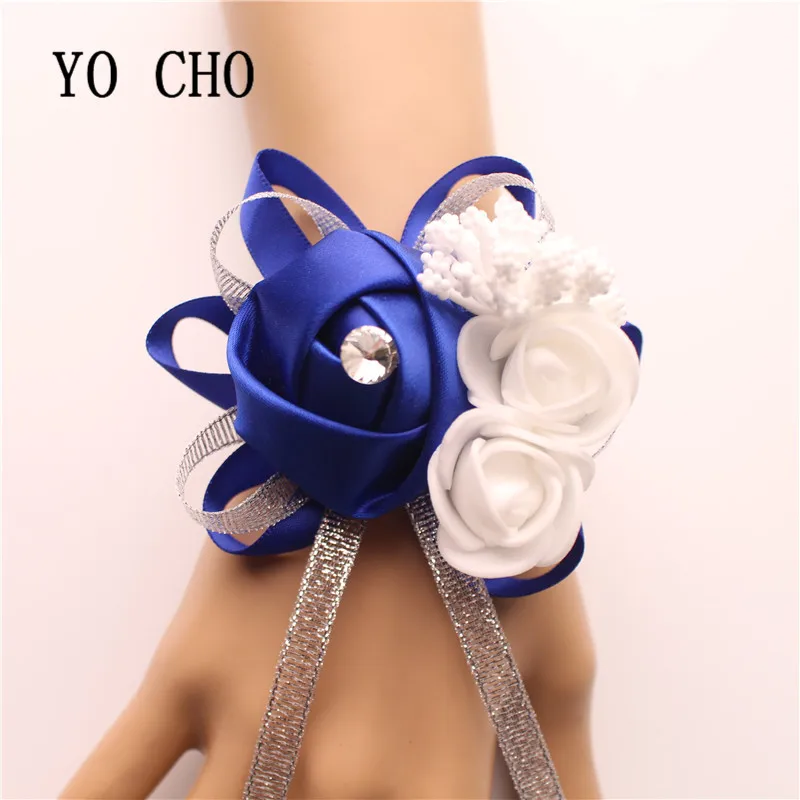 YO CHO 10pc Bridal Hand Flower Wedding Decoration Mariage Rose Wrist Bracelet Silk PE Artificial Brides Bridesmaid Wrist Flower