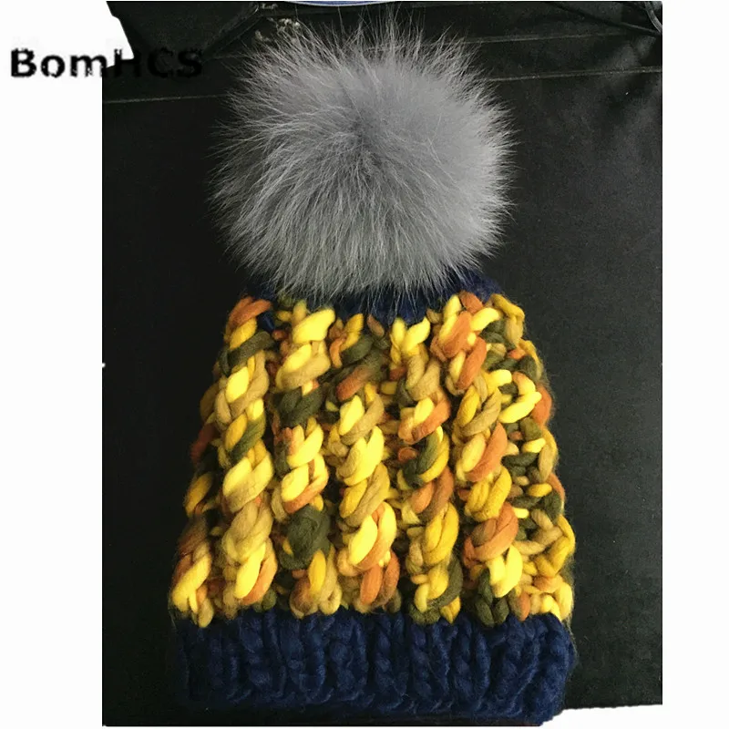 BomHCS Luxurious Big Fox Fur Pompom Belly Yarn Beanie Warm Caps 100% HANDMADE Women's Winter Knitted Hat