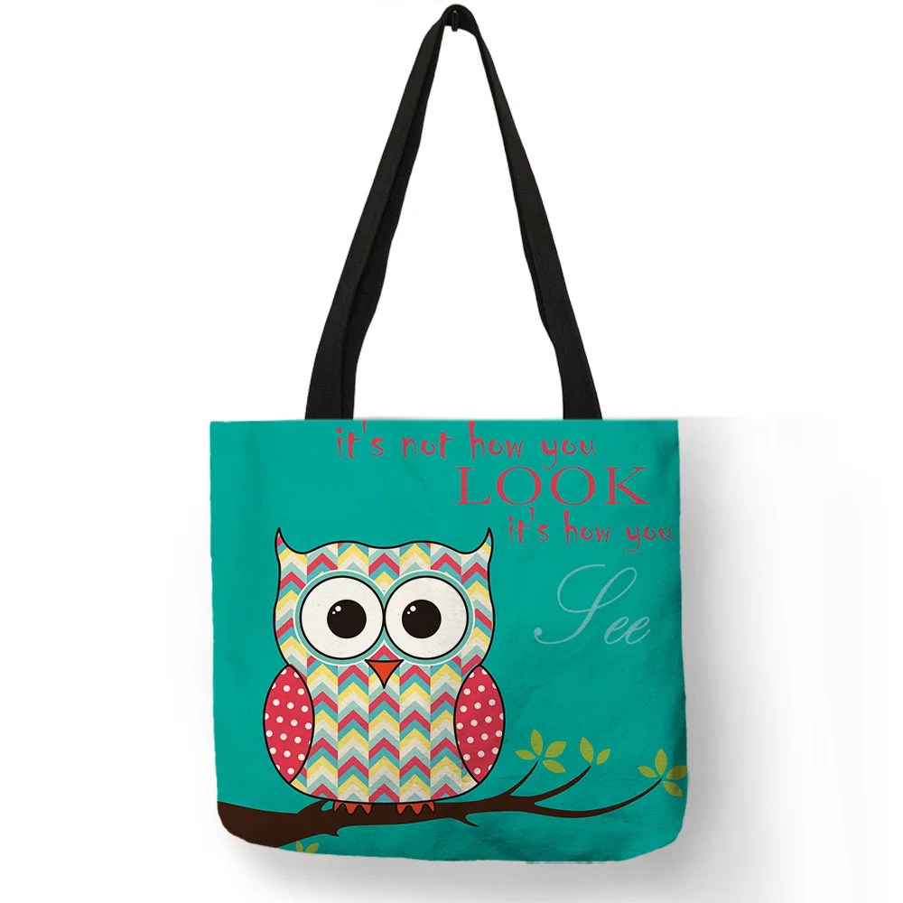 Exclusive Floral Design Tote Bag Cartoon Cute Owl Trees Stripe Print Linen Handbag Lady Girls School Daily Shopping Storage Bags