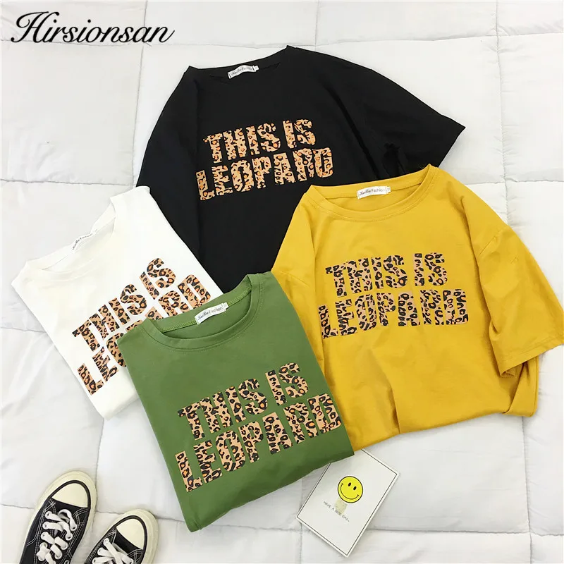 

Hirsionsan Leopard T Shirt Women 2023 Summer Loose O-Neck Short Sleeve Letters Printed Tops Harajuku Chic Cotton Woman Tshirts