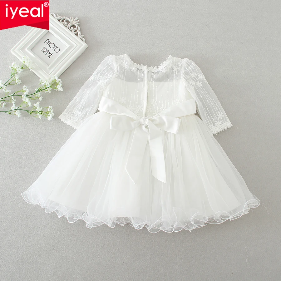 IYEAL Newest Princess Baby Girl Hollow Out Long Sleeve Prom Birthday Party Dress Ivory Elegant Baptism Dresses Vestido Infantil