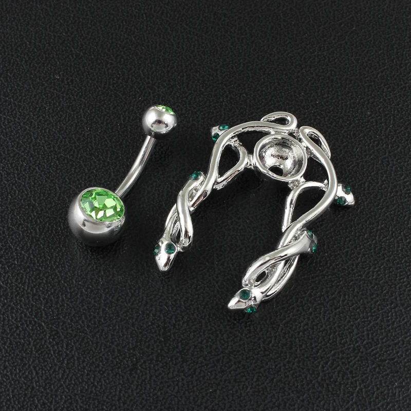 Snake navel ring women belly button ring green stones body jewelry 14G Stainless Steel bar Not allergic piercing jewelry