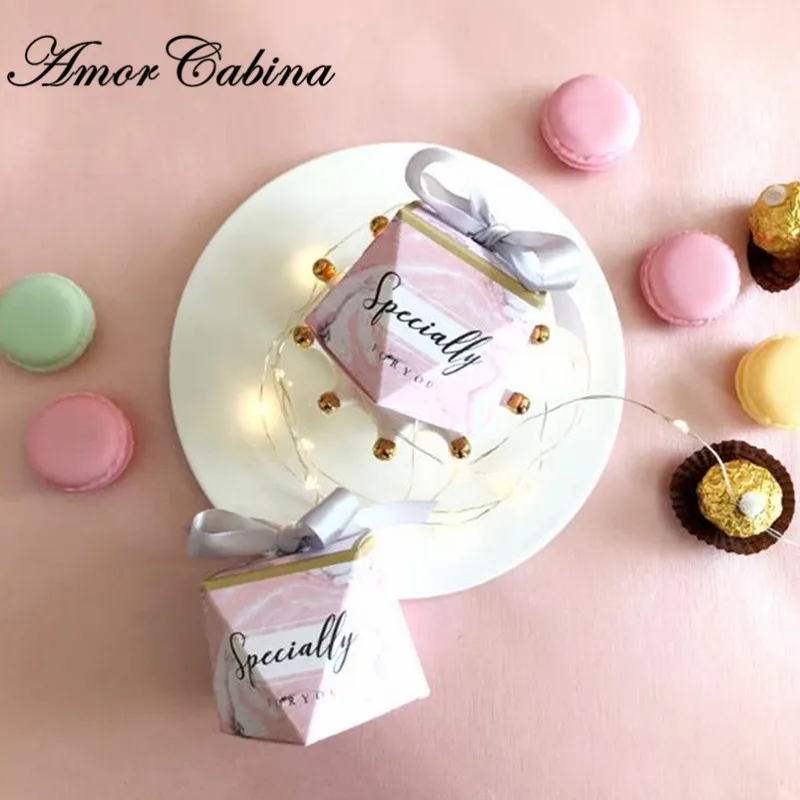 50pcs Diamond Shape Pink Marble Fresh Sweet Candy Box Romantic Wedding Like Gift Box Birthday Christmas Party Chocolate Bag