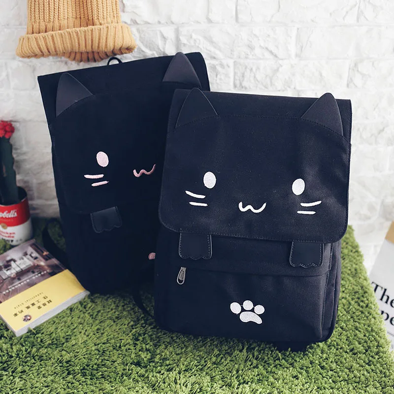 Embroidery Cute Cartoon Backpack Cat Ear Girl Schoolbag For Teenage Women Casual Black Canvas School Teen Backpack