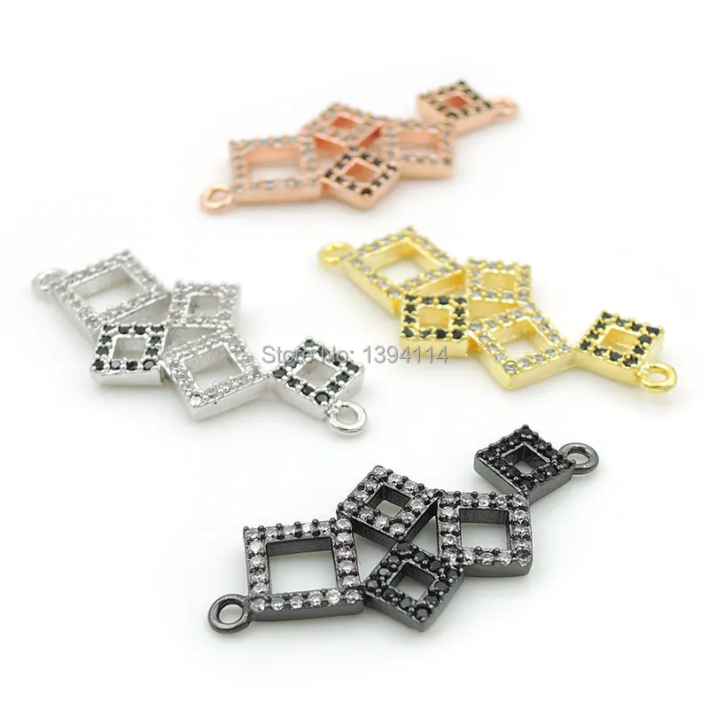 30*13*2mm Micro Pave Black&Clear CZ Combination Connector Of 5 Hollow Squares Fit For Women As DIY Bracelets Accessory