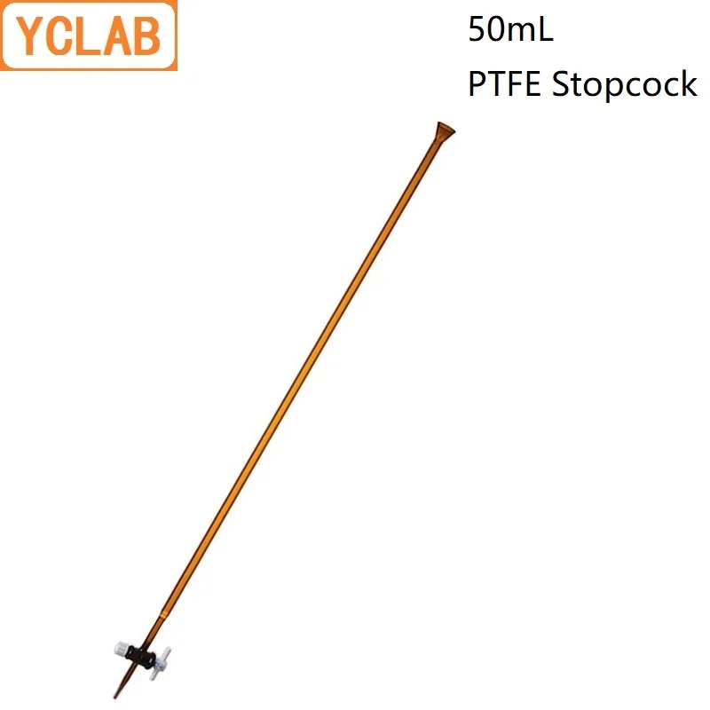 YCLAB 50mL Burette with PTFE Stopcock Class A Brown Amber Glass Laboratory Chemistry Equipment