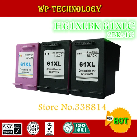 2BK+1C, 3pieces Remanufactured ink cartridge suit for HP61XLBK HP61XLC  suit for  HP 1000 2000 2050 3000 3050 etc,Full ink