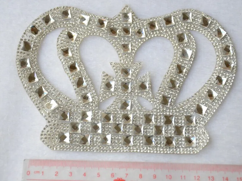 Big size Hot Fix Silver Shiny Rhinestone Crown Patches Design Heat Transfer Crystal Motif Iron on Baby Clothing Shoes Applique