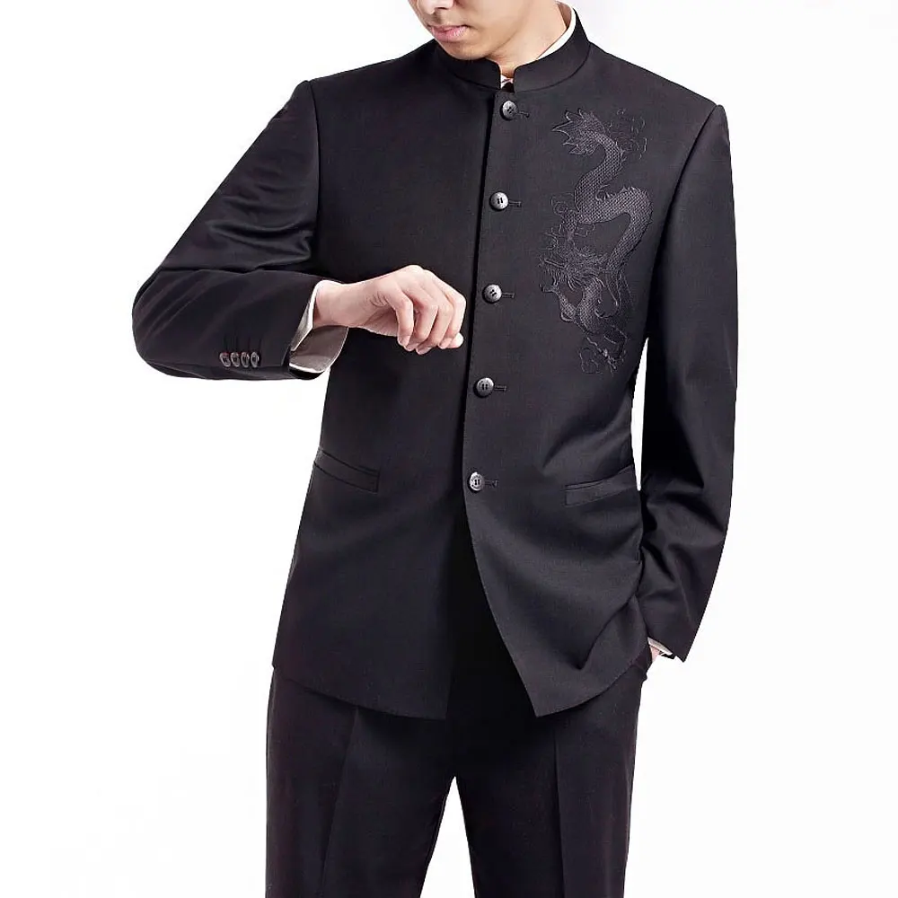 Men\'s Single Breasted Suits Embroider Dragon Suit Sets Fashion Chinese Tunic Suit Men Casual Black Blazers Jacket and Trousers