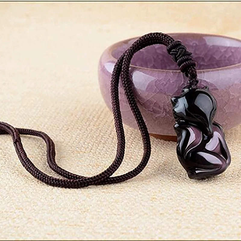 Natural Stones Obsidian Eyebrow Fox Pendants With Lucky Chain Jewelry Unisex Rainbow Eye Fox Pendant Necklace For Men Women New