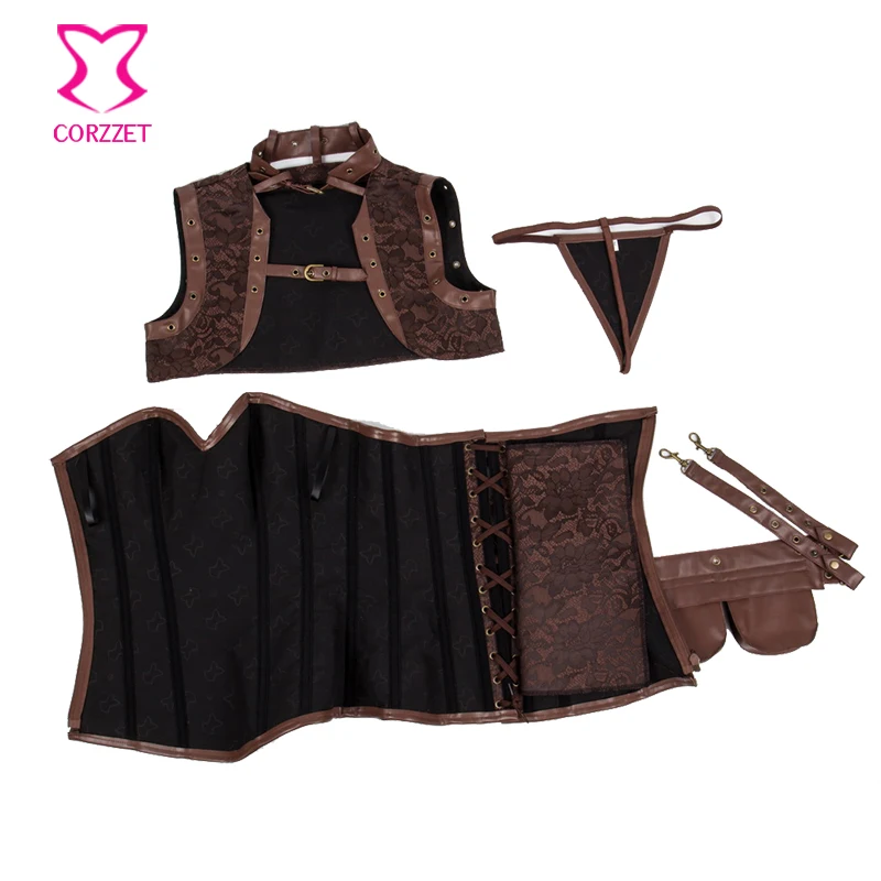 Vintage Brown Brocade Sexy Gothic Corsets And Bustiers Steampunk Clothing Women Plus Size Corset Waist Trainer Steel Bone S-6XL