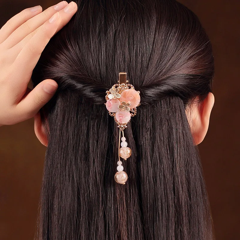 Elegant Pink Hairpin Headwear Vintage Handmade Barrettes Ancient Costume Accessory Hair Ornaments Chinese Ethnic HairClip