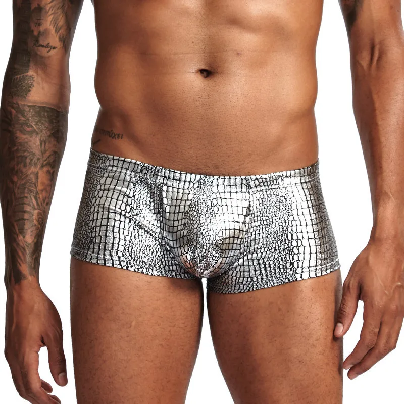 Snake Skin Leather Sexy Mens Underwear Boxers Brand Open Front Crotchless Boxer Shorts Men U Convex Low Waist Male Underpants