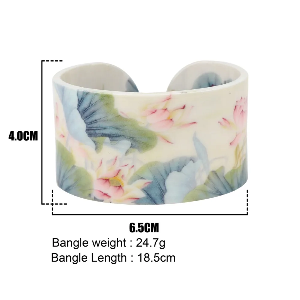 Bonsny Plastic Chinese Lotus Ink and Wash Painting Bangles Bracelets Traditional Ethnic Jewelry For Women Girls Ladies Wholesale