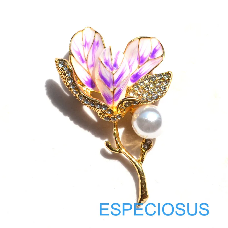 Elegant Pin Rhinestone Jewelry Flower Brooch Lily Painted Gold Color Pearl Giraffe Women Breast Pin Pink Color Lady\'s Garments