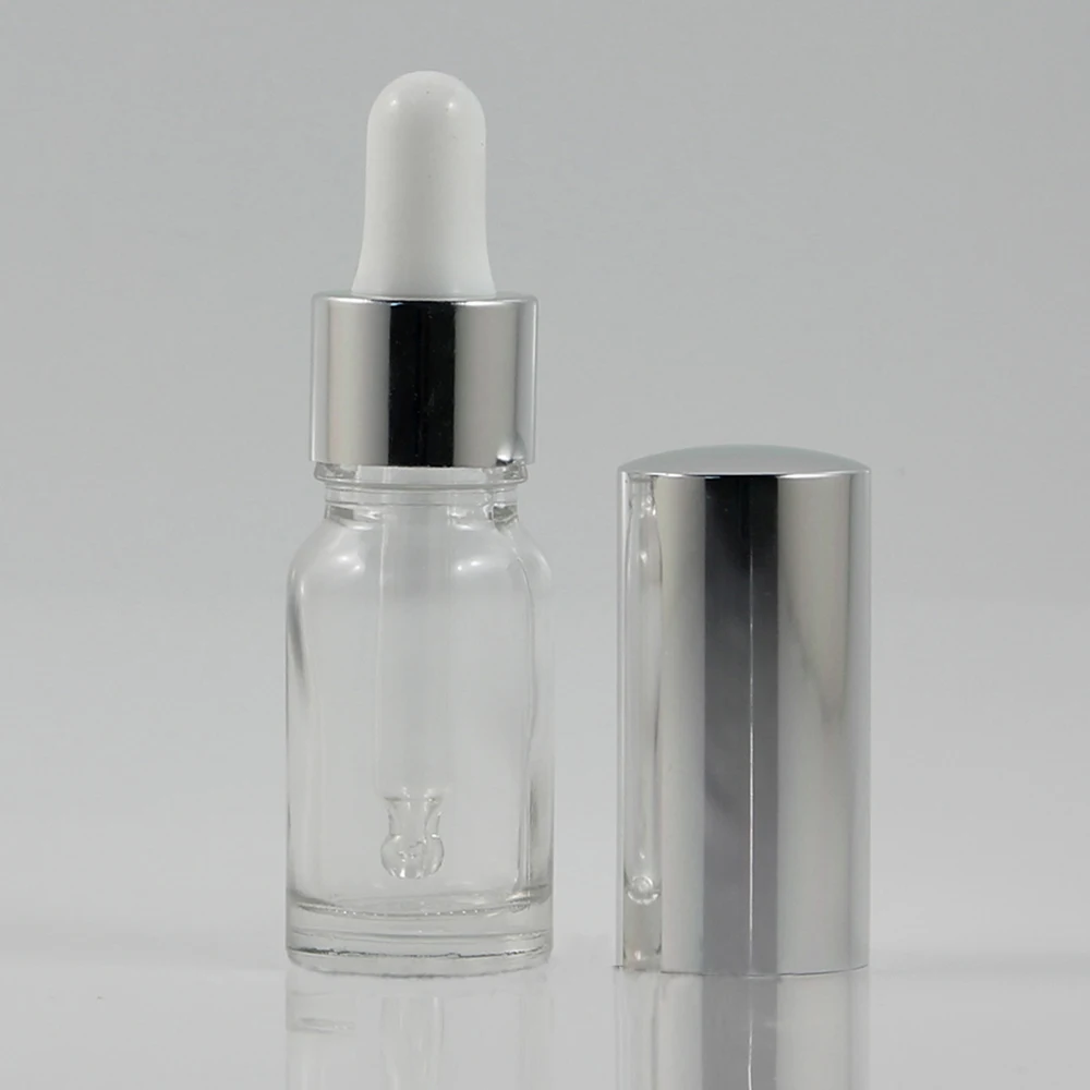 

10ml clear glass dropper bottle with shiny silver aluminum lid, New design glass frosted bottle for essential oil