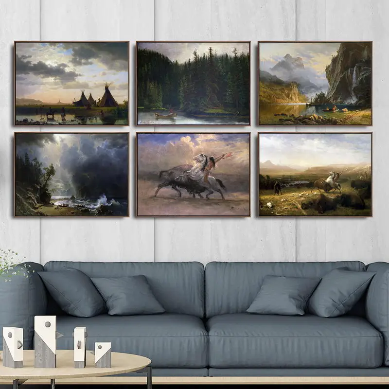 Home Decoration Art Wall Pictures Fro Living Room Poster Print Canvas Paintings American Albert Bierstadt  Indian Landscape