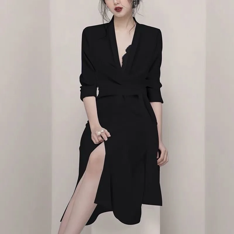

Full Sleeve V Neck Asymmetrical Dress 2022 Autumn High-end Women Dresses Office Lady Bandage Sexy Midi Elegant Dress Vestidos
