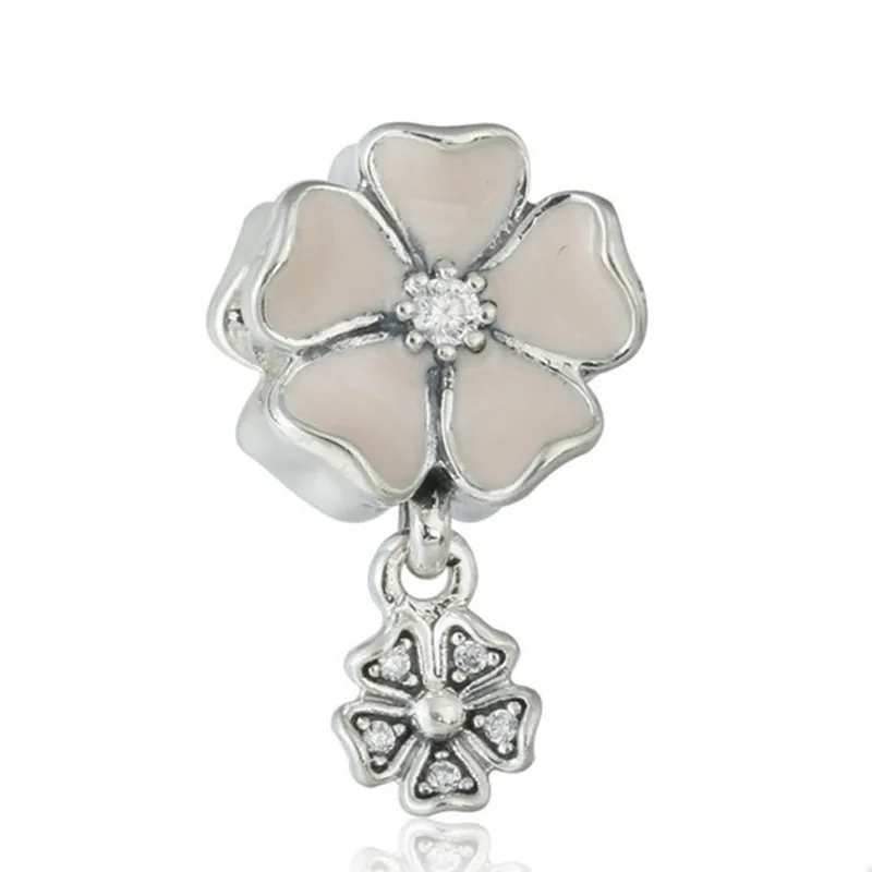 

Spring Pink Enamel Clear CZ Blooms Flower Charm Beads 925 Sterling Silver Brand Jewelry Fits Pandora Charms Bracelet