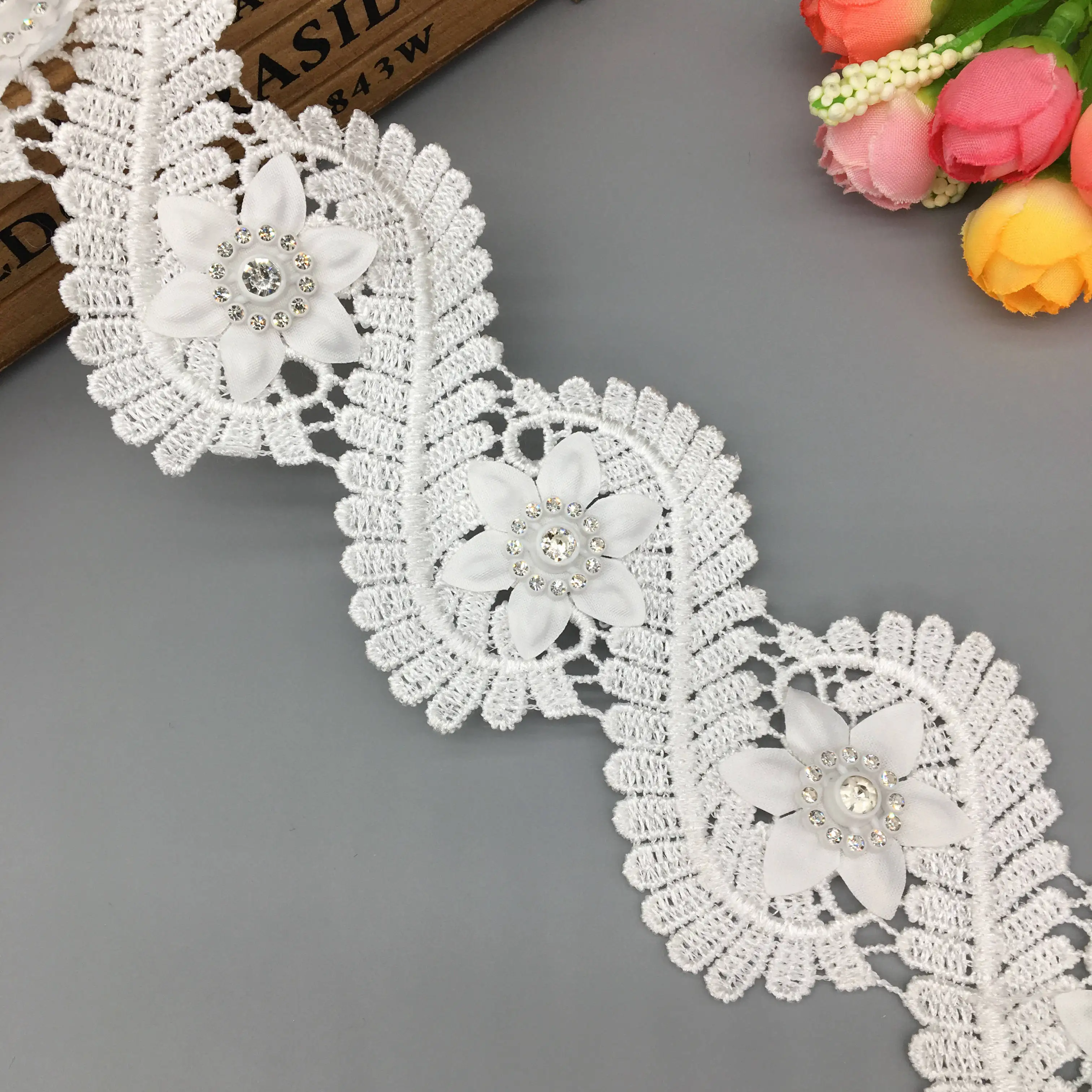 1 Yard White 3D Diamond Centipedes Embroidered Lace Trim Ribbon Fabric Handmade DIY Wedding Dress Sewing Craft Decoration