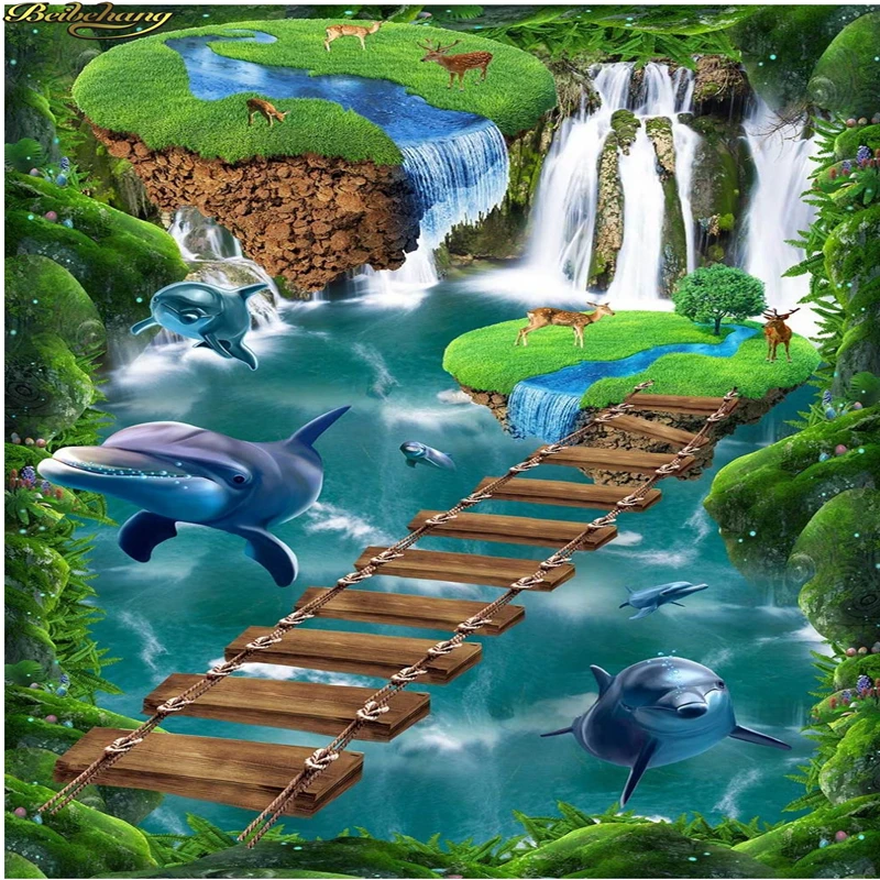 beibehang Custom Photo Wallpaper Floor Painting Folders Waterfall Small Bridge Bathroom Walkway Cliffs Suspended Island 3D Floor