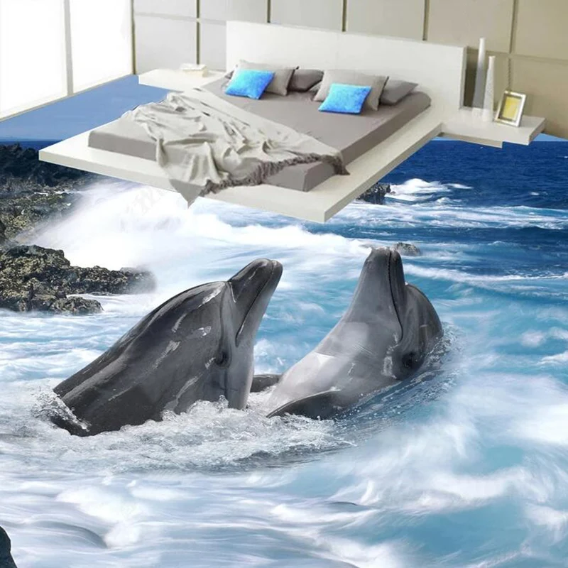 

PVC Self-Adhesive Waterproof Floor Wallpaper 3D Stereo Dolphins Sea View Mural Bathroom Bedroom 3D Tiles Floor Mural PVC Sticker