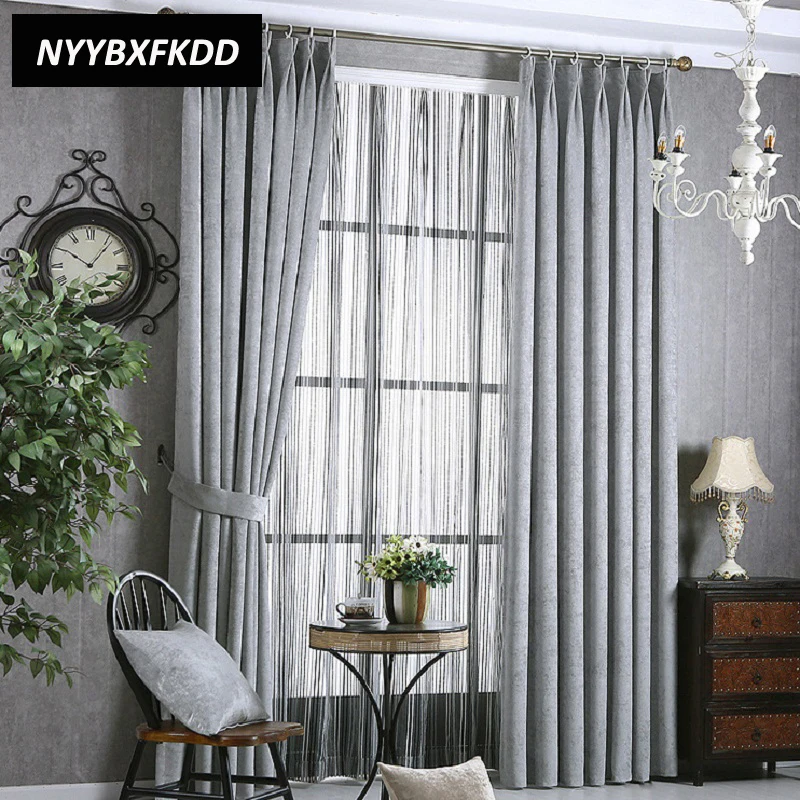 High Shading Modern Solid Color Chenille Cloth Blackout Curtain for Living Room Bedroom Window Striped Tulle Home Decoration