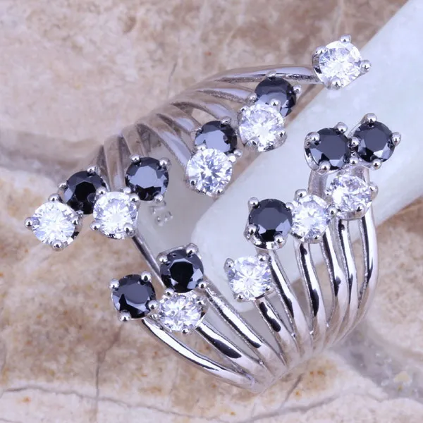 White CZ Black Cubic Zirconia Silver Plated Fine Ring Size 5 / 6 / 7 / 8 / 9 / 10 / 11 / 12 S0227