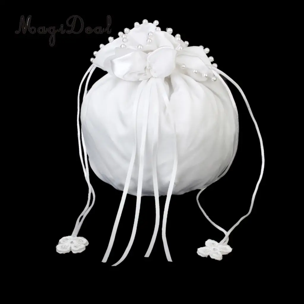 MagiDeal Satin Pearl Rhinestone Wedding Bridal Flowers Girls Dolly Bag Handbag Wedding Party Favors Gifts Candy Bag