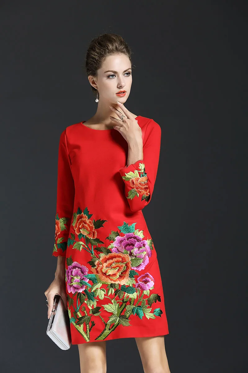 High quality casual dress for women autumn & winter Chinese style vintage embroidery elegant slim lady dresses M-5XL