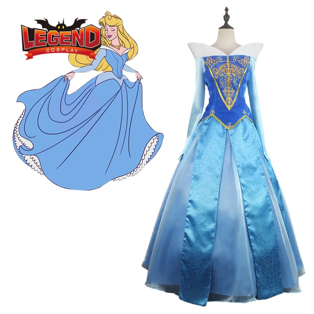 Aurora Blue Satin dress ball gown Dress Cosplay Costume Women's Halloween Carnival Party Costume