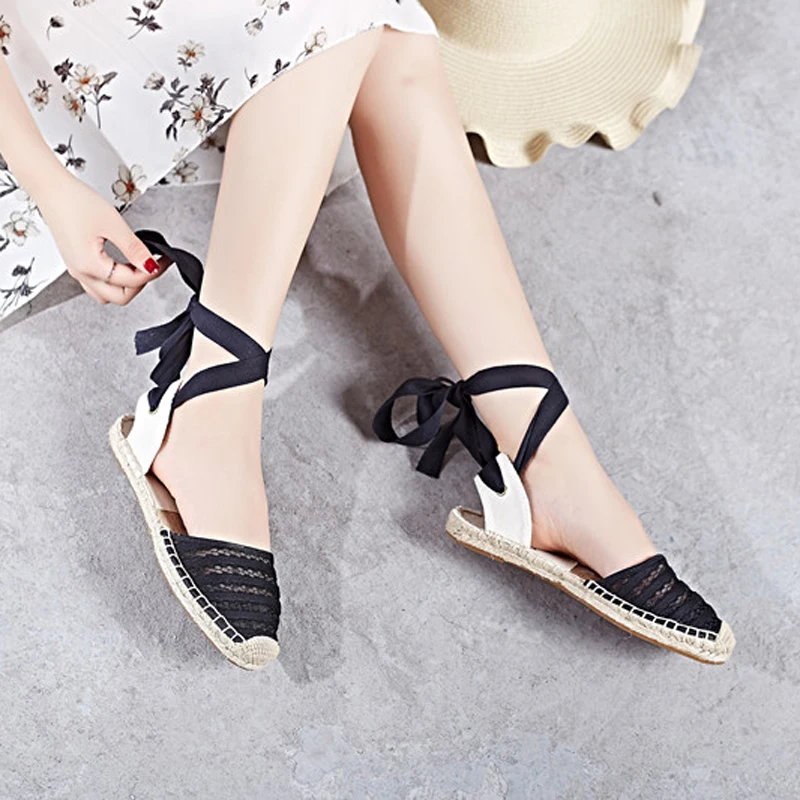 Flat Women Sandals Espadrille Shoes Woman 2019 Summer Casual Shoes Loafers Women Ankle Strap Sandals Mesh Shoes White Hemp Shoes