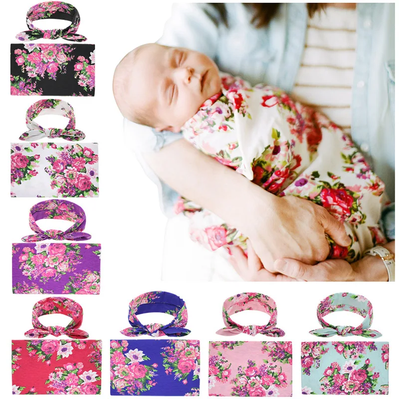 Newborn Baby Girl Receiving Swaddle Blanket Set Headband Bow Flowers Floral Cute Sleeping Blanket Wrap