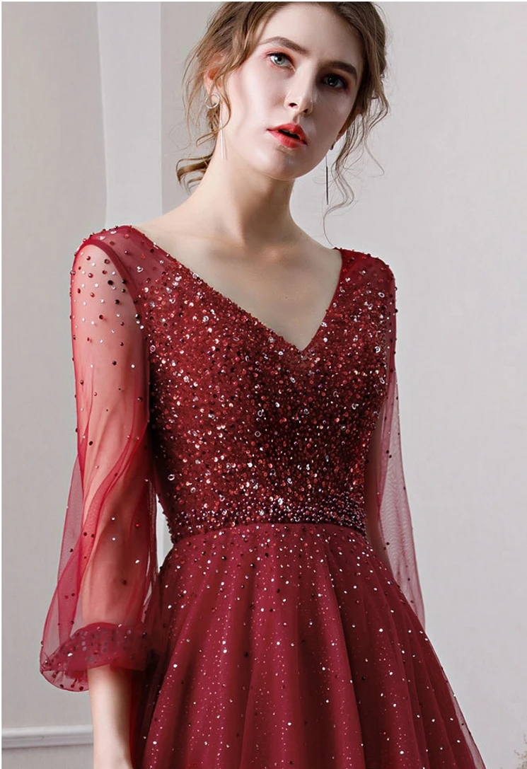 Luxe Avondjurken 2019 A-lijn Lange Mouwen Kralen Kristallen Dark Red Vrouwen Formele Party Prom Dress Robe de Soiree